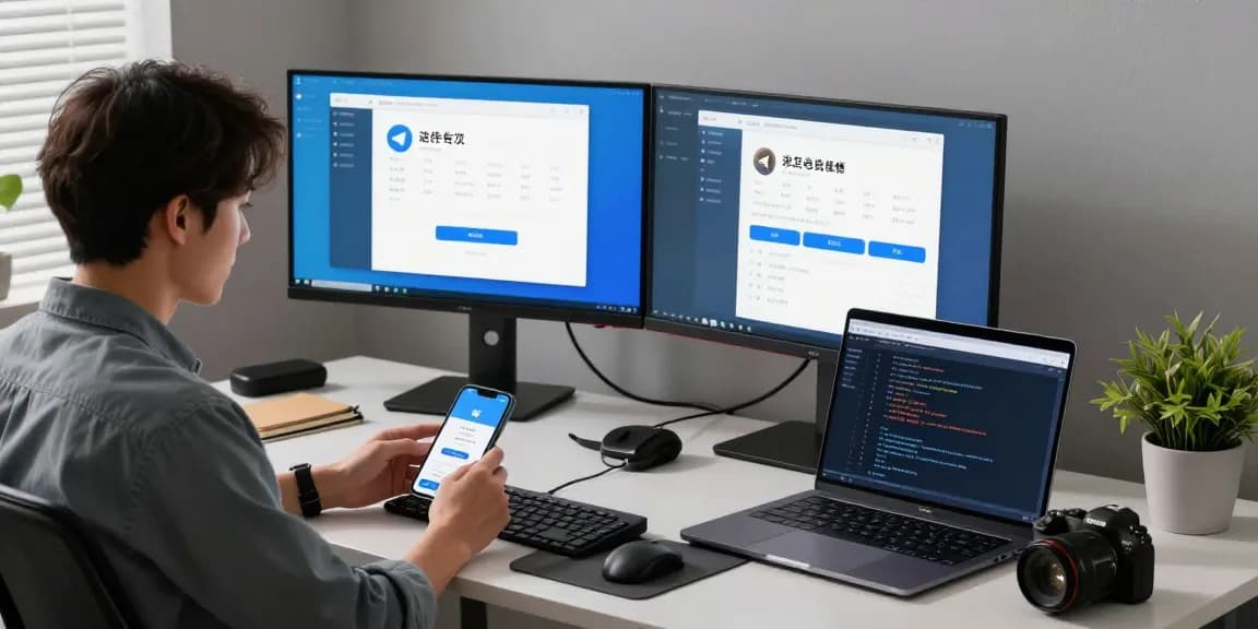 Professional navigating Telegram Chinese interface on dual monitors in a modern workspace.