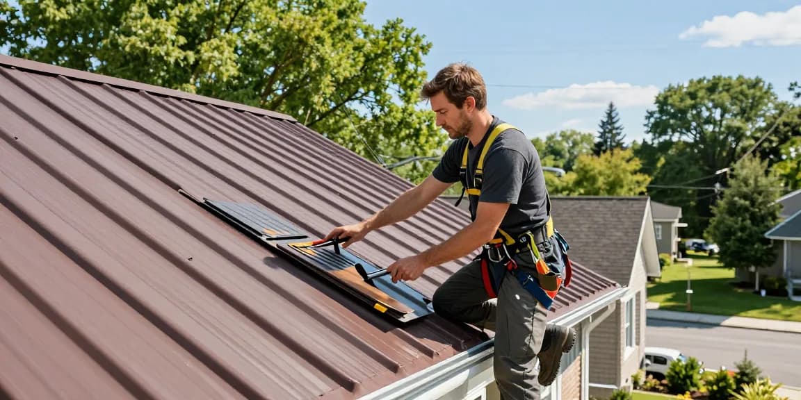 Expert roofer from https://www.mroof.ca/ installing quality metal roofing in Toronto's vibrant community.