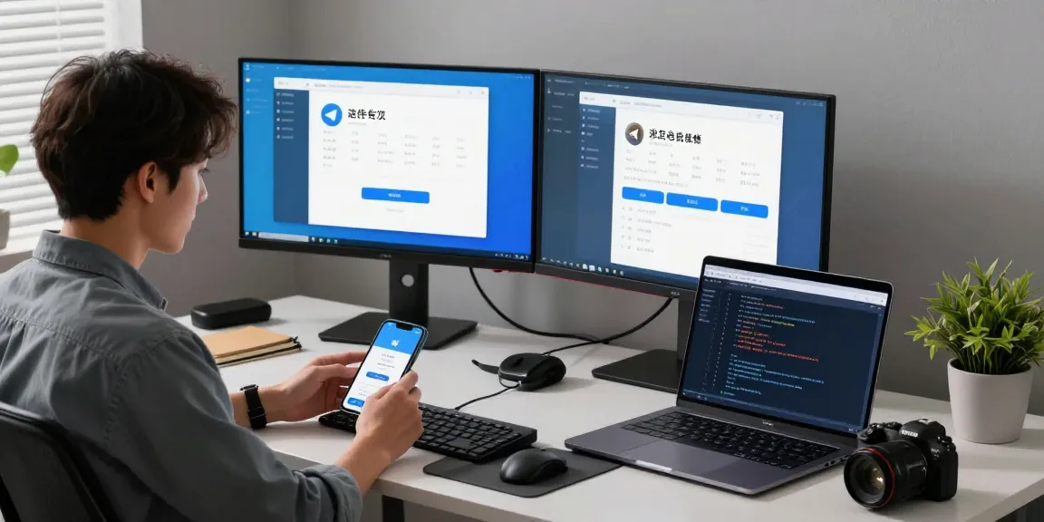Professional navigating Telegram Chinese interface on dual monitors in a modern workspace.