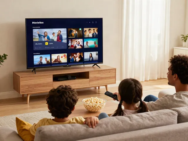 Family enjoying movie night using the movies box app download on smart TV with popcorn, creating a cozy atmosphere.