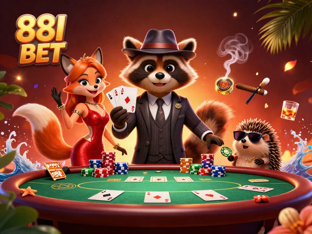 Experience the thrill of 88I BET with a raccoon, fox, and hedgehog at a bustling poker scene.