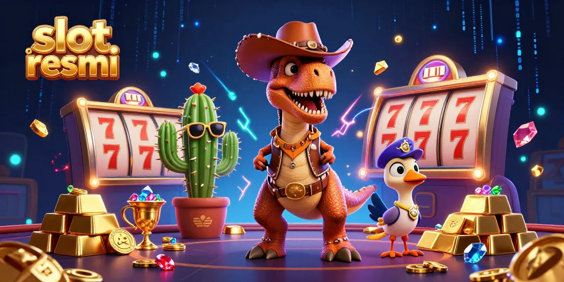 Experience the thrilling allure of slot resmi gaming, as a cowboy dinosaur and friends celebrate jackpot wins!