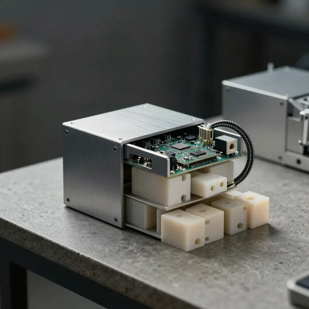 Assembled prototype lab hardware on a stone bench in soft workshop light.