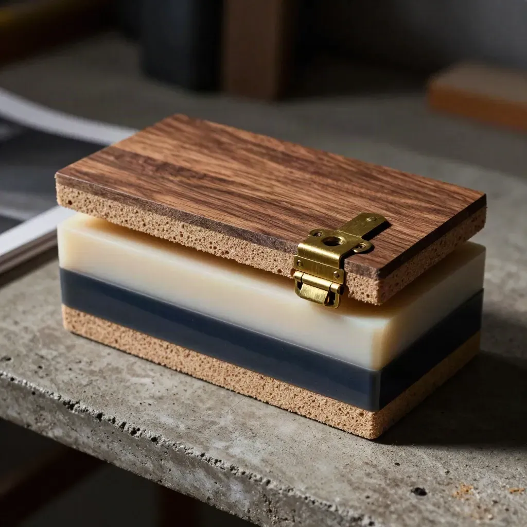 Prototype mockup stack with foam core, resin casing, and brass hinge on a dark workshop bench.
