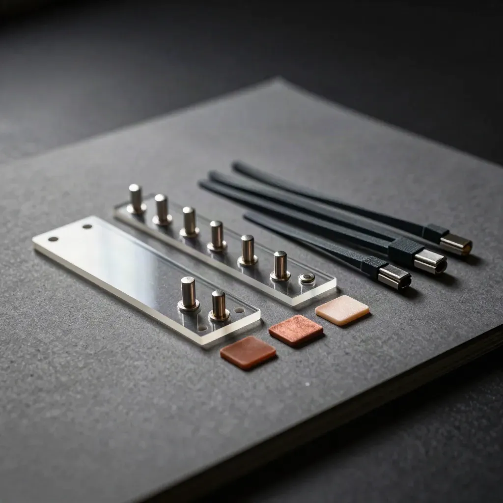 Acrylic templates, aluminium pins, and cable ties arranged on a folded graphite mat.