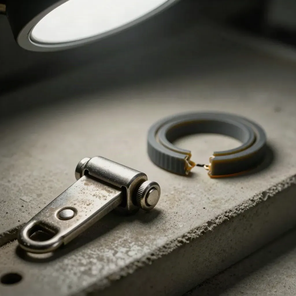Macro of a scuffed latch, bumper ring, and spare gasket on dark concrete.