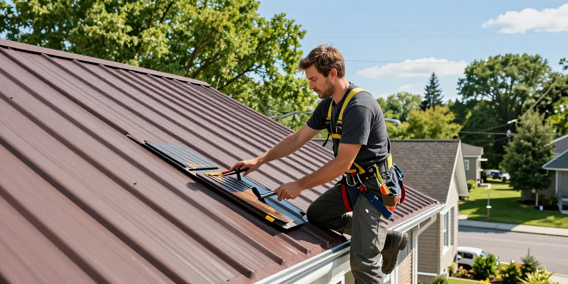 Expert roofer from https://www.mroof.ca/ installing quality metal roofing in Toronto's vibrant community.