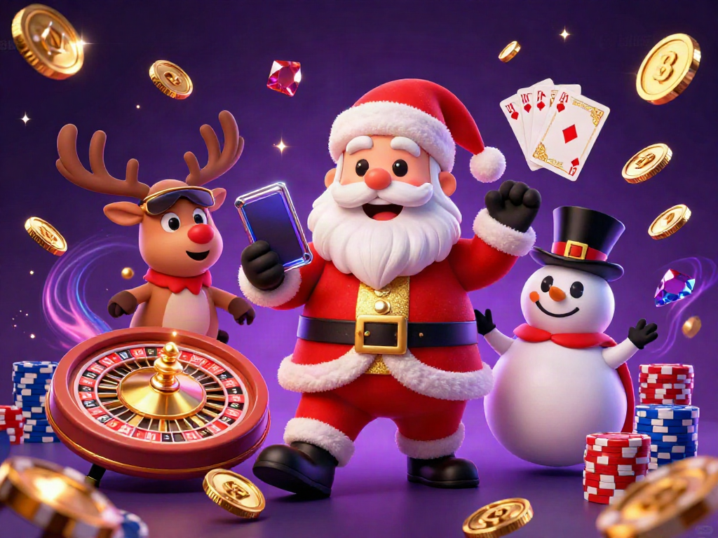 Experience the excitement of casino gaming with 88IBET as Santa, his reindeer, and a snowman showcase jackpot slots and casino elements.