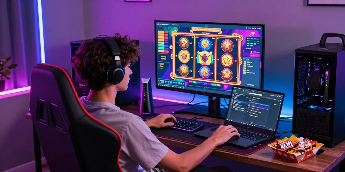 Pengguna bermain slot gacor di ruang permainan modern dengan elemen LED yang bersemangat.