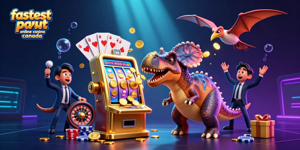 Experience the excitement at the fastest payout online casino Canada with a cartoon dinosaur jackpot moment.